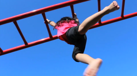 Asian Girl On Monkey Bars At Playground