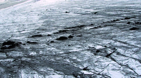 Aerial View of Ice Glacier with Volcanic Ash, Iceland