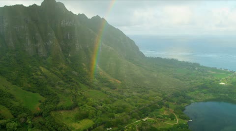 Aerial view steep volcanic cliffs, Hawaii