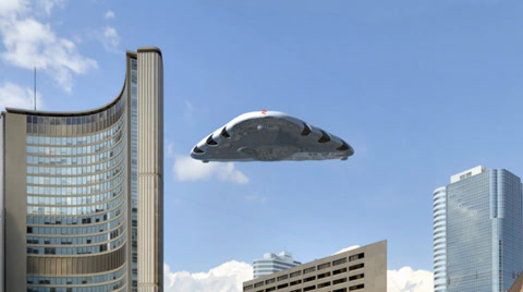 triangle ufo flying over skyscraper