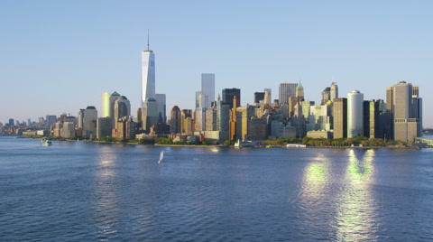 Aerial view of New York City flying over yacht