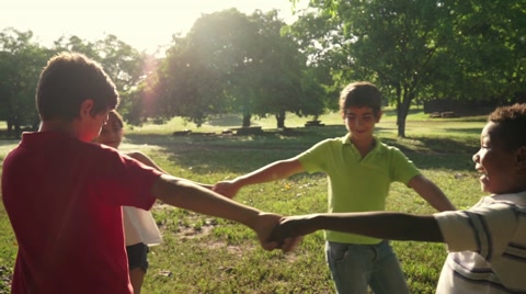 Children playing in park, happy young people, kids, friends