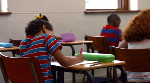 School children writing in classroom