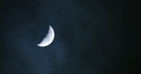 Waxing crescent half moon moving over cloudy night sky background. 4K Timelapse