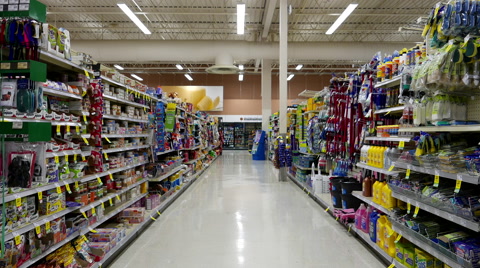 Cleaning products and pet food corridor in Save on Foods.