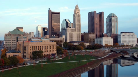 COLUMBUS OHIO, AERIAL  DOWNTOWN RIVERFRONT SHOT