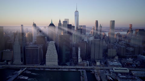 aerial establishment shot of new york city skyline. business buildings district