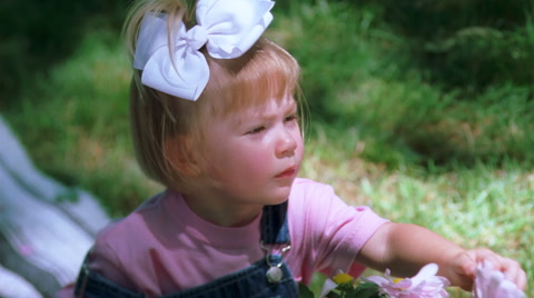 Close-up of a little girl picking a petal from a daisy