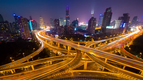 Shanghai city center transportation day to night timelapse