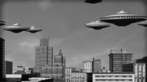 Vintage Alien Invasion: UFO Armada over the city (Black and White)