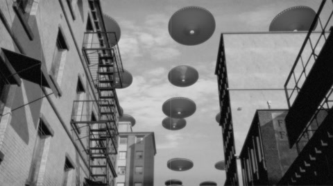 Vintage Alien Invasion: UFO Armada over the city 2 (Black and White)