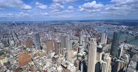 High Level View of New York City and Brooklyn Bridge  	