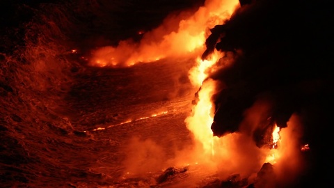 Lava reaches ocean from lava stream on Big Island Hawaii volcanic eruption