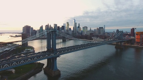 New York City's Manhattan Bridge at sunset - aerial - 4k