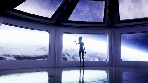 Alien in futuristic room. hand reaching out with Earth planet. UFO futuristic 