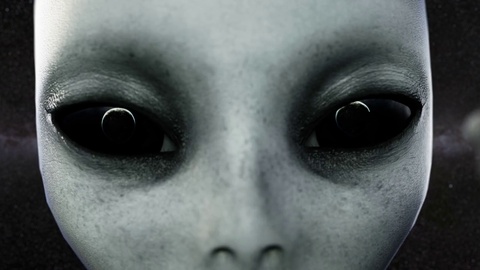 Alien open eyes. Planet Earth is reflected in the eyes . UFO futuristic concept.