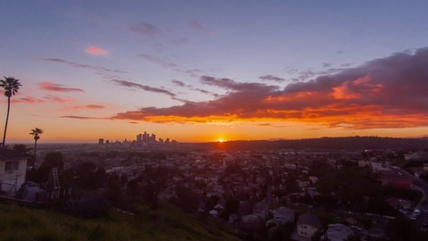 4K timelapse view of the spectacular sunset over Los Angeles skyline