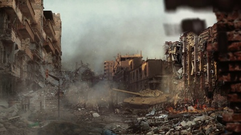 Syrian tank fired between dammge buildings. View of syria street and syrian tank