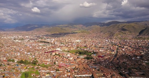 Cusco Peru Aerial v9 Flying over town panning with full city views