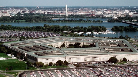 Aerial establishing shot of the Pentagon building