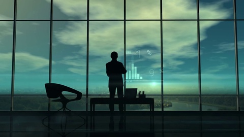 Silhouette of the man in the office and corporate infographic