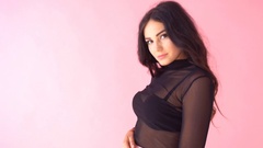 brunette girl posing on pink background smile emotion [138234336] | 写真素材・ストックフォトのアフロ