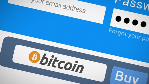 buy bitcoin typing password and click button on monitor screen logo animation