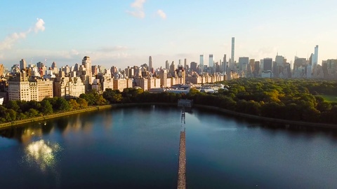 New York cityscape aerial view from the Central park reservoir aerial