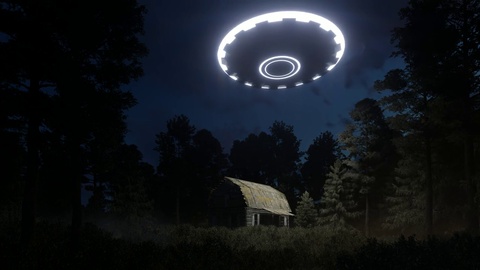 3d render UFO over the hut in the forest