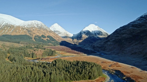 Aerial view of Glen Etive – mountains, rivers & lakes of Scottish highlands, UK