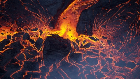 Aerial view of red hot volcanic magma flowing