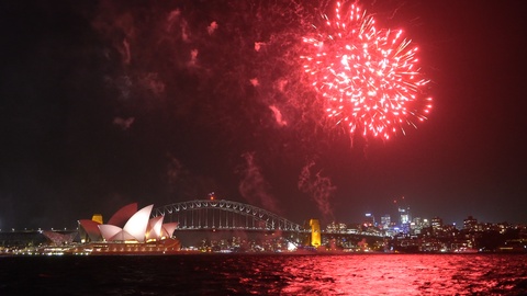 Fireworks at Sydney city skyline.