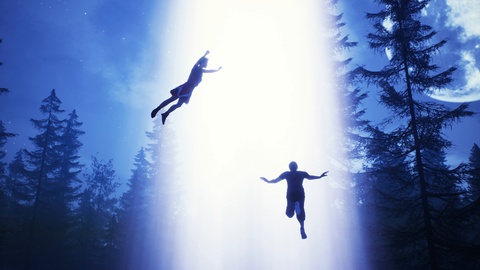 UFO flies over the forest and captured people in the light beam. Dramatic super