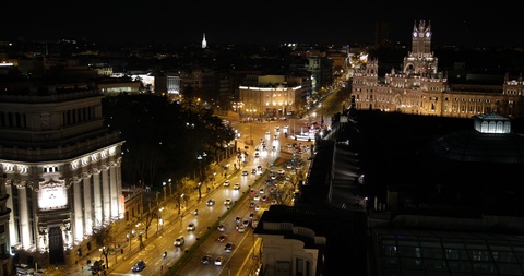 Aerial View Madrid City Skyline Cars Traffic Jam on Busy Calle de Alcala Night