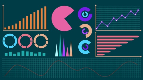 Infographic elements, diagrams, data on dark background flat design