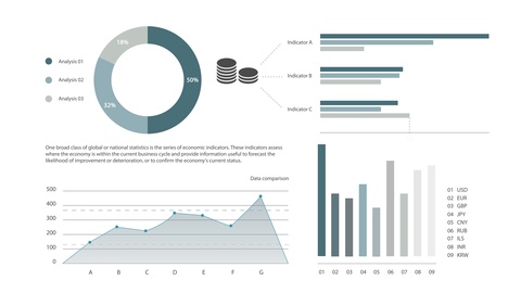 Futuristic user screen interface with infographic elements, charts and graphs