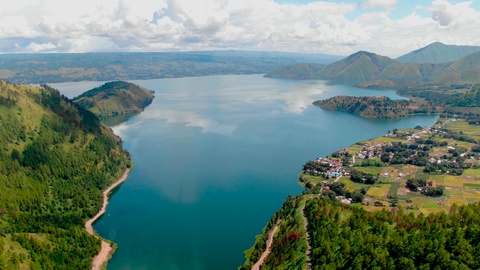 Aerial View of the volcanic Lake of Toba, Sumatra.