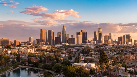 Urban aerial time lapse of landmark downtown Los Angeles skyline