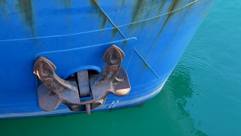 Anchor On The Old Blue Rusty Ship Moored In Odessa Marine Trade Port