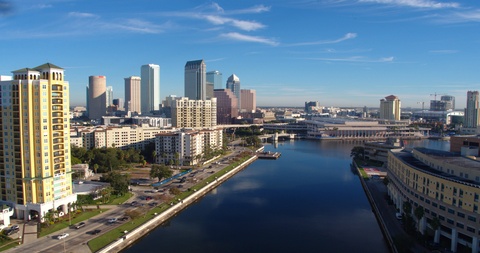 Aerial Drone Shot of Tampa City Skyline and Bay, Florida