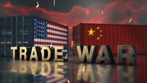 US and China Trade War 2019, 3d rendering of Ship Container and Title