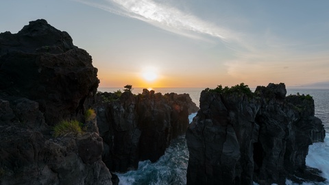 8K Timelapse Tracking Shot of Sunrise over Volcanic Coast at Jogasaki in Japan