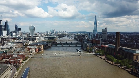 Aerial Shot of London City Skycrapers and Drone Footage of River Thames