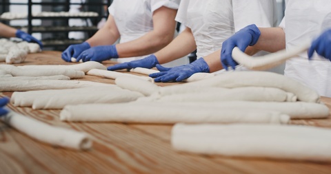 Baking bread process shelves of a kneading dough future bread , food industry