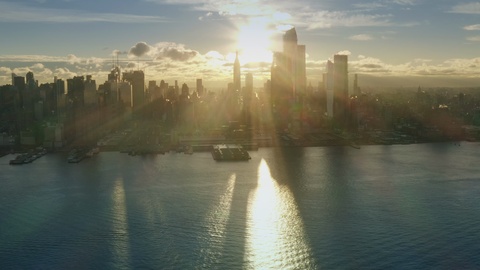 Aerial View Sunrise at New York City and sunflares 4k Midtown Sunrise series