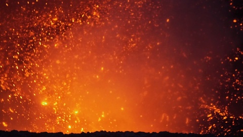 Volcanic Eruption, Close Up, Slowmotion. Lava From Active Volcano Comes