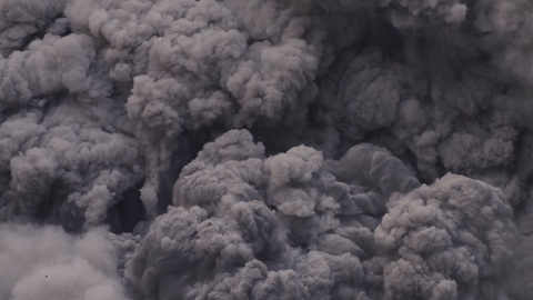 Volcanic Explosion Close Up, Rising Smoke Gas And Ashes With Electric