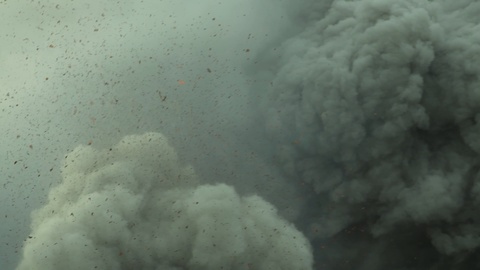 Smoke Gas And Ash After Volcanic Pyroclastic Explosion Slow Motion.