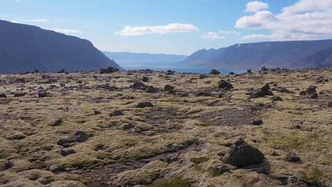 Aerial of rough volcanic landscape reveals a fjord in the Westfjords of Iceland.