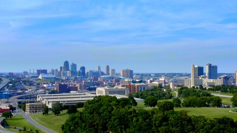 Kansas City Missouri Skyline, Aerial Drone Flying Shot, 4K Stock Footage